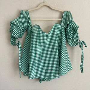 CAROLINE CONSTAS Gabriella Off The Shoulder Green Gingham Bustier Top